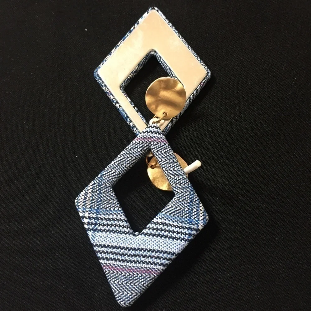 Gold-tone blue plaid print Rectangle drop earrings